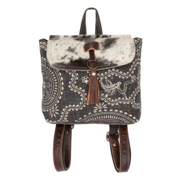Myra Bag Handmade Carry Me Backpack Upcycled Canvas & Cowhide Leather - Picture 4 of 7